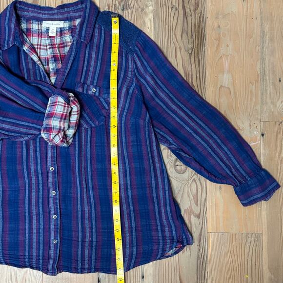 Vintage America 2X Plaid Stripe Button Shirt – Crochet Shoulder, Made in India - Picture 4 of 9